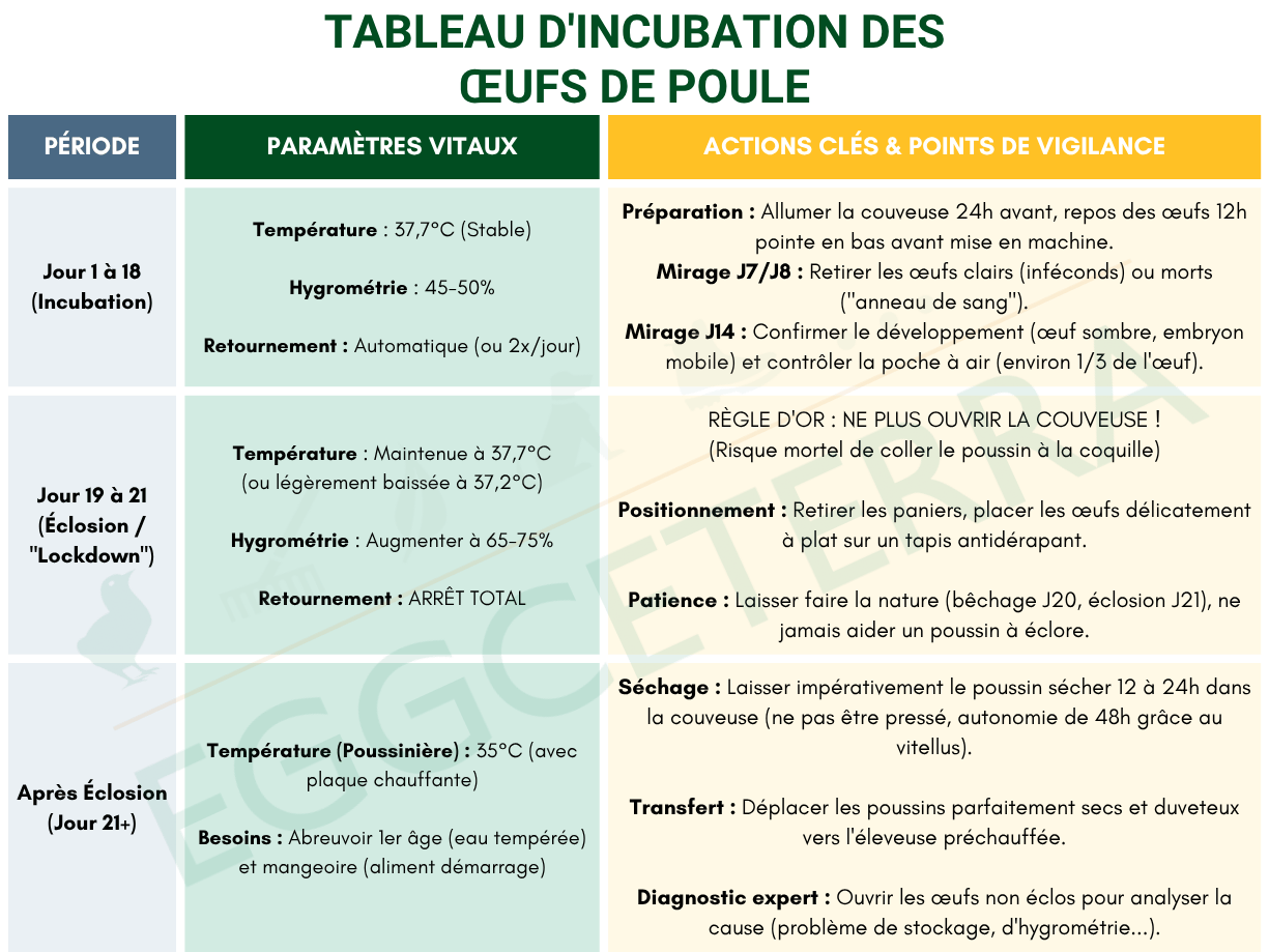 tableau d'incubation des oeufs de poule