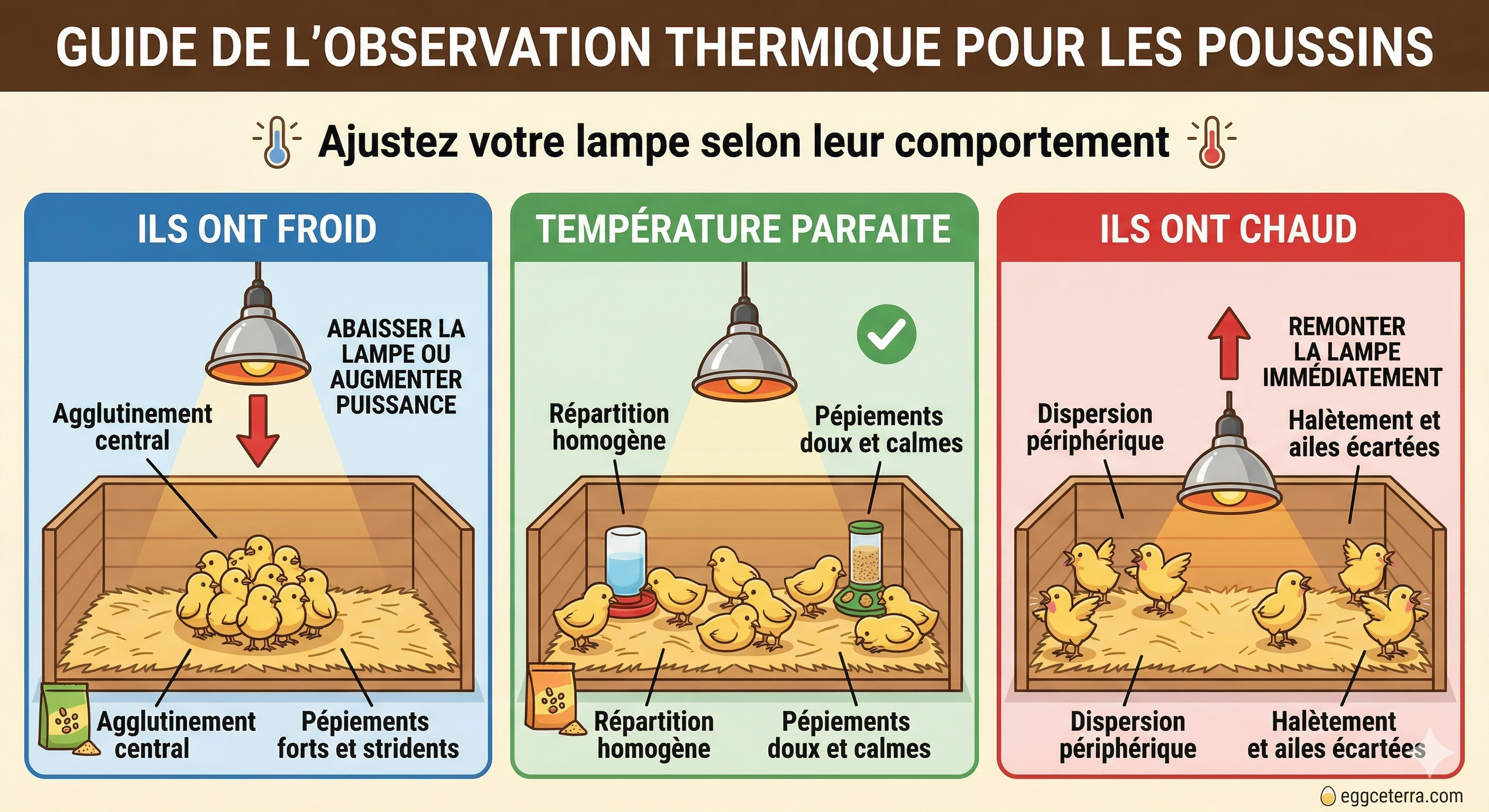 Schéma : Comportement des poussins et réglage de la lampe chauffante